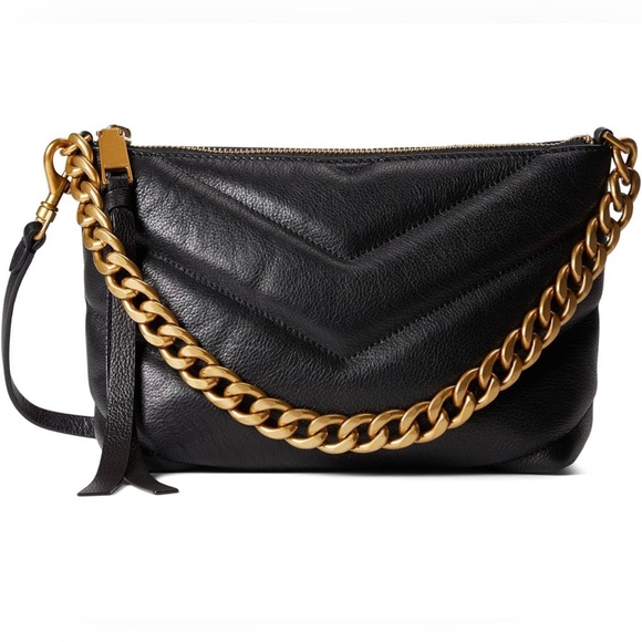 Rebecca Minkoff black quilted leather Edie Crossbody bag with gold chain new